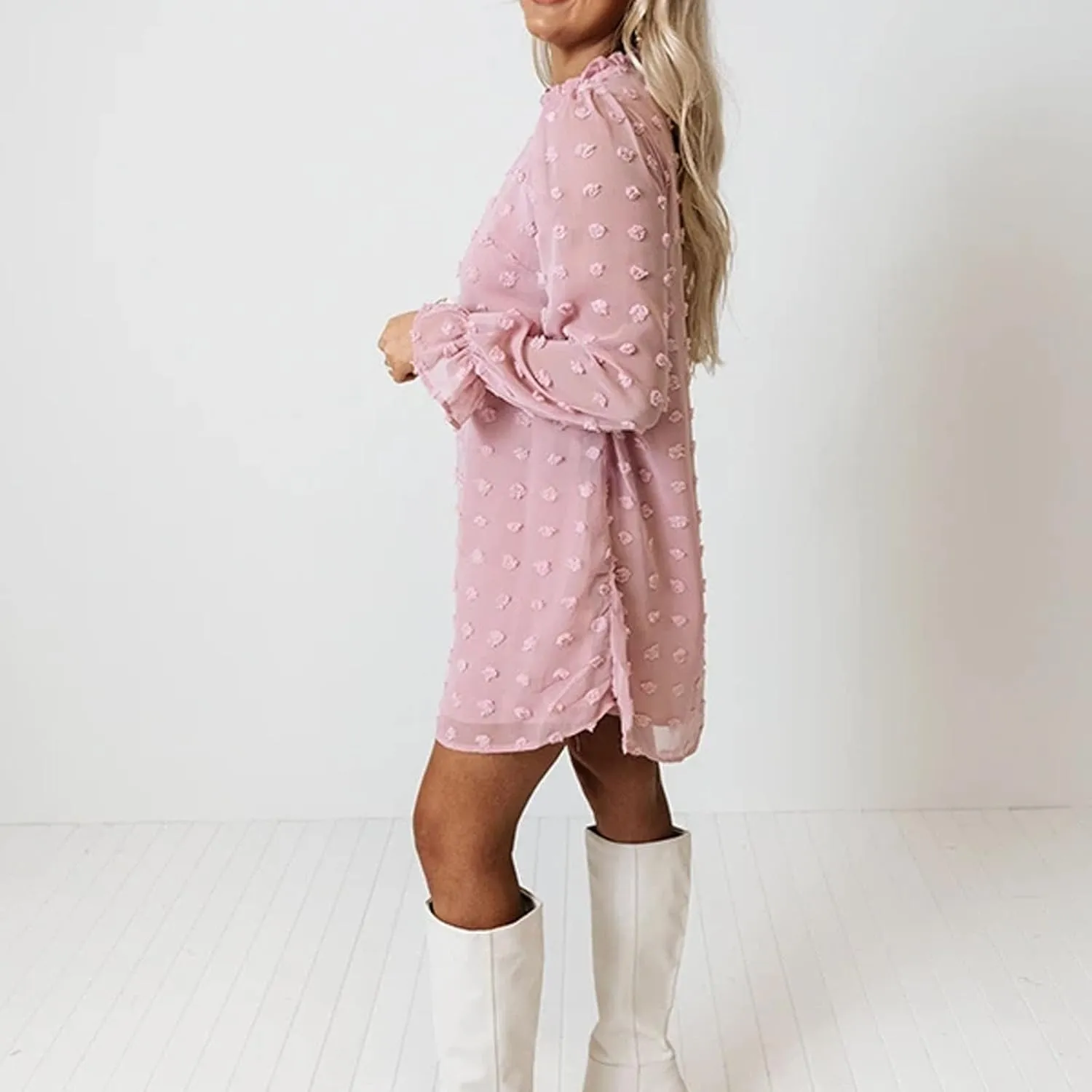 Holiday Dresses for Women Spring Long Sleeve High Neck Swiss Dot Tiered Flowy Tiered Babydoll Shift Mini Dress