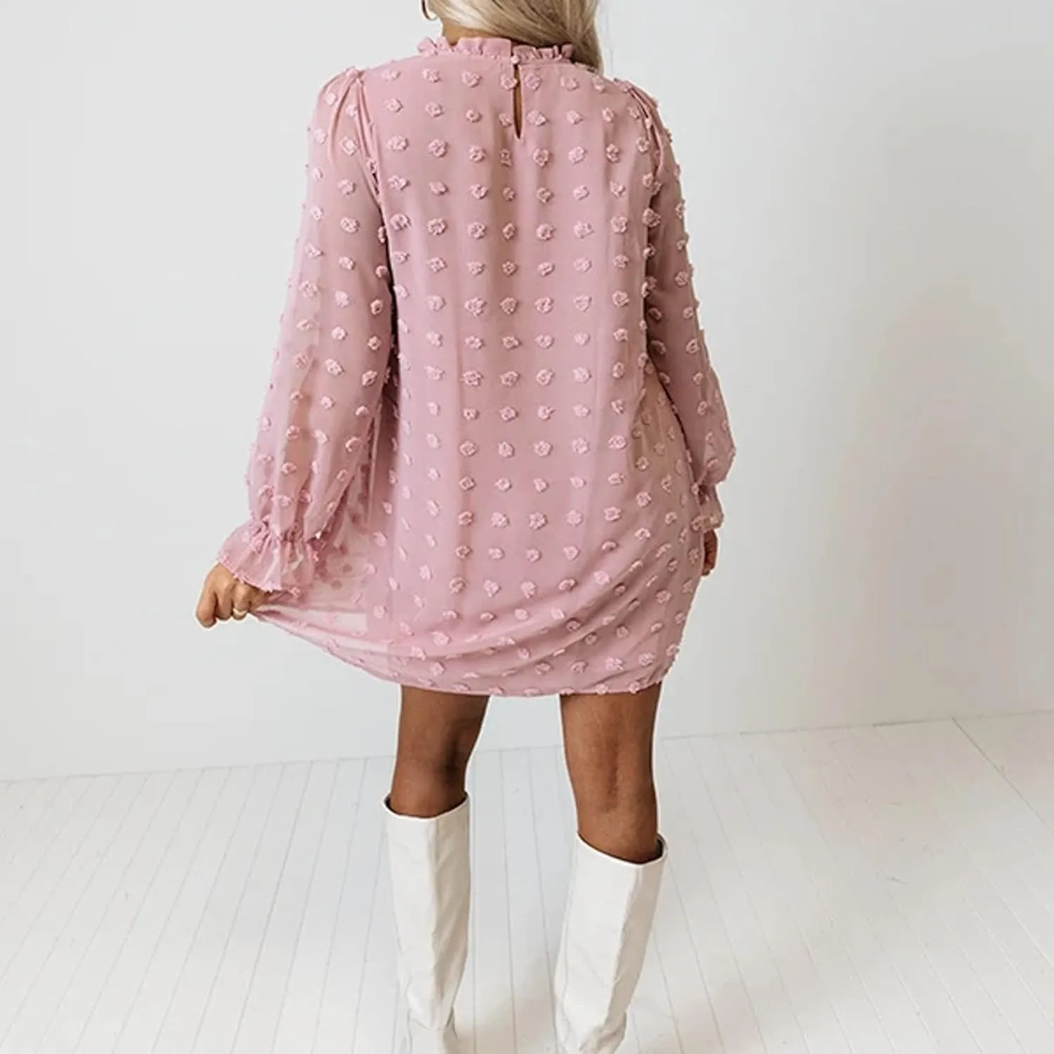 Holiday Dresses for Women Spring Long Sleeve High Neck Swiss Dot Tiered Flowy Tiered Babydoll Shift Mini Dress