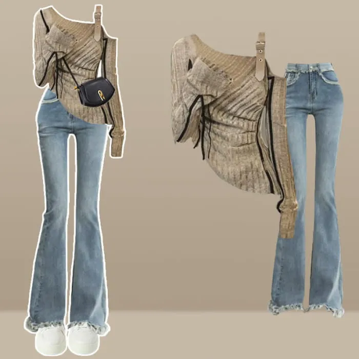 Irregular Oblique Shoulder Top Fringed Flared Denim Pants