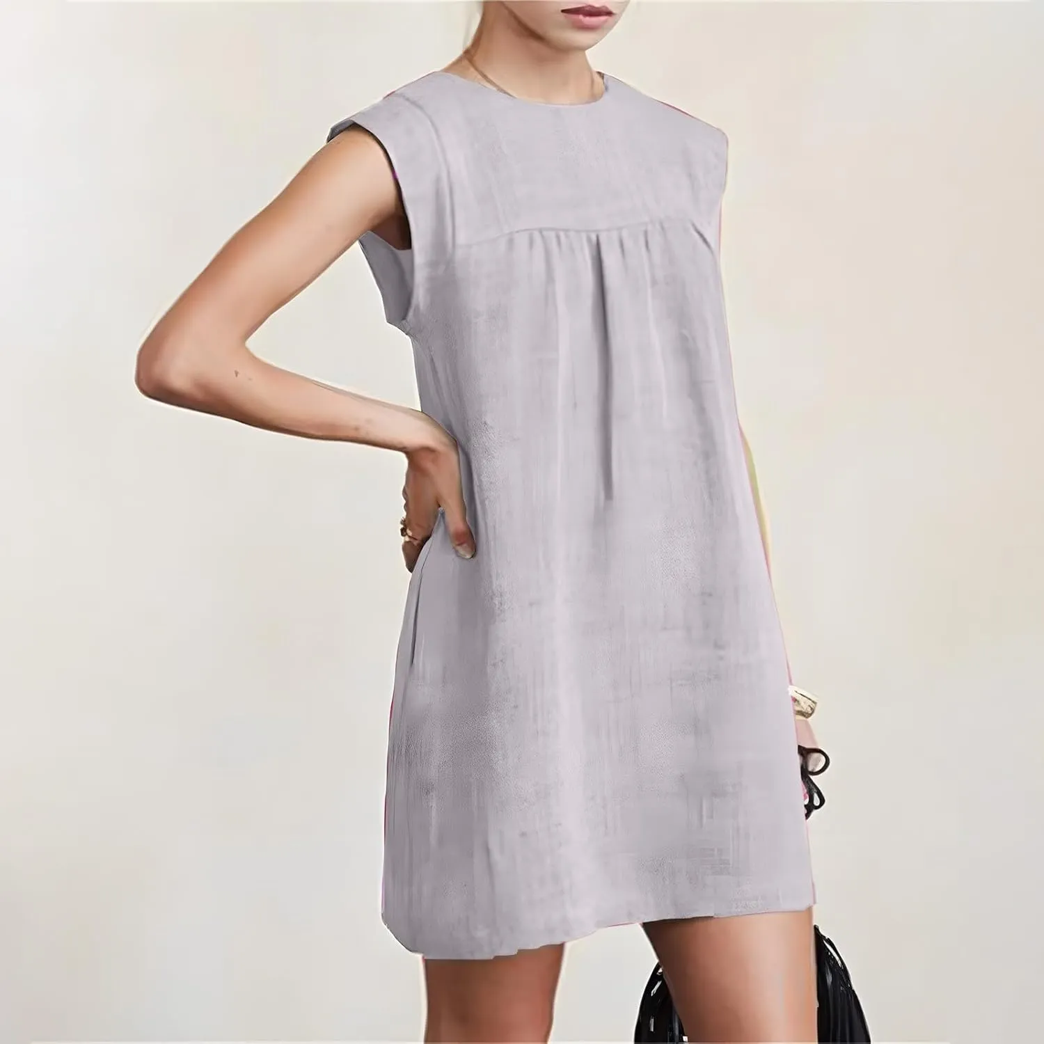 JOAU Womens Crew Neck Sleeveless Cotton Linen Tank Dress Casual Loose Shift Tunic Mini Dresses Summer Beach Vacation Sundress