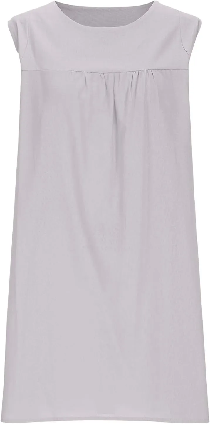 JOAU Womens Crew Neck Sleeveless Cotton Linen Tank Dress Casual Loose Shift Tunic Mini Dresses Summer Beach Vacation Sundress