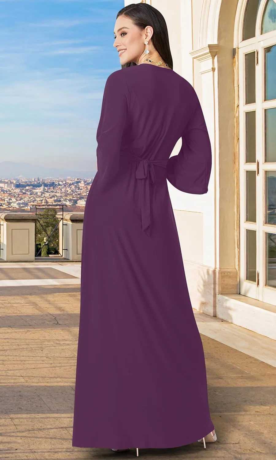 KOH KOH Womens Long Kimono Sleeve V-Neck Wrap Belted Empire Flowy Maxi Dress
