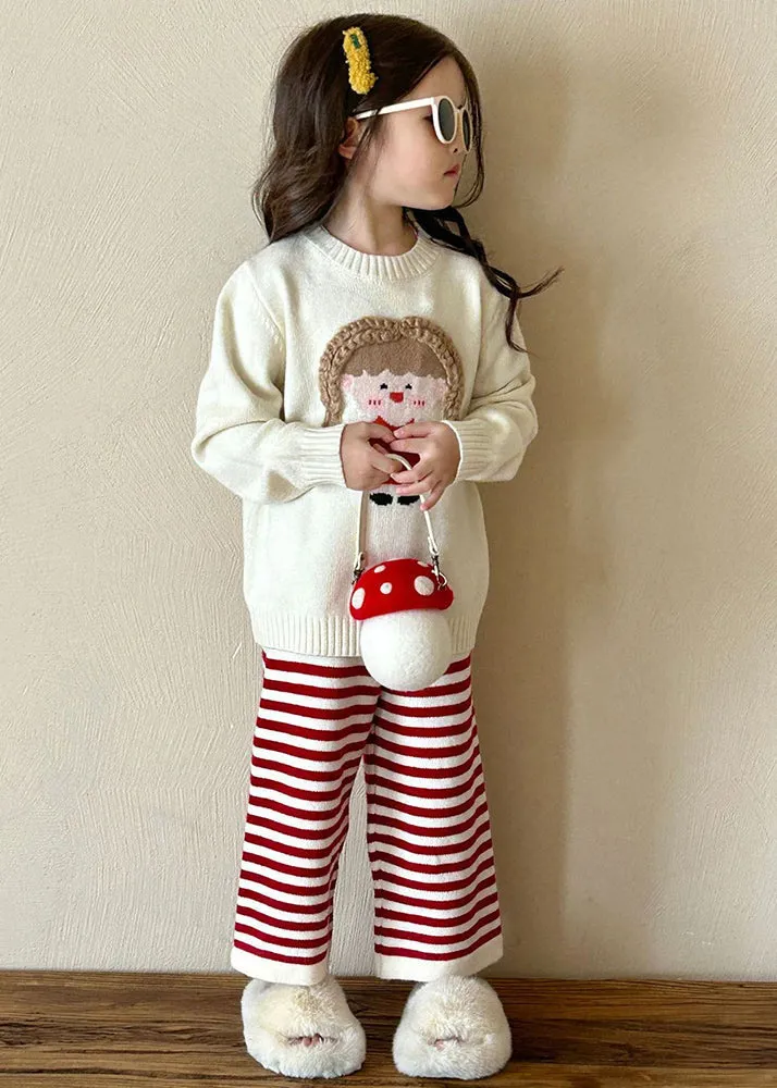 Lovely Beige O-Neck Character Kids Cotton Knit Sweaters And Flare Trousers Two Pieces Set Spring TR032
