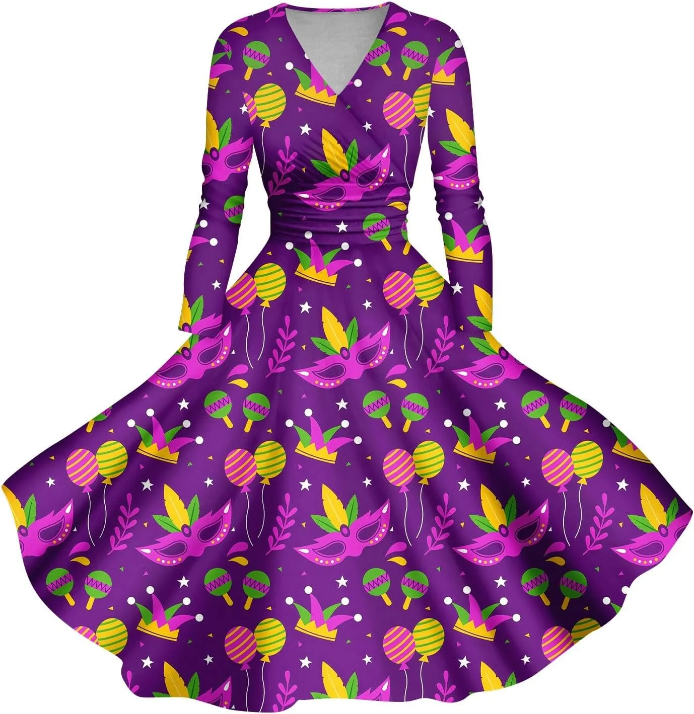 Mardi Gras Dress for Women V Neck Long Sleeve Carnival Printed Empire Waist Wrap Pleated Midi Dresses