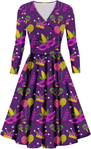 Mardi Gras Dress for Women V Neck Long Sleeve Carnival Printed Empire Waist Wrap Pleated Midi Dresses