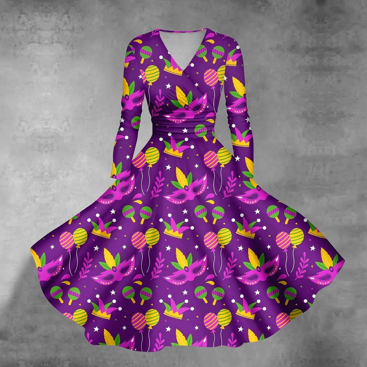Mardi Gras Dress for Women V Neck Long Sleeve Carnival Printed Empire Waist Wrap Pleated Midi Dresses