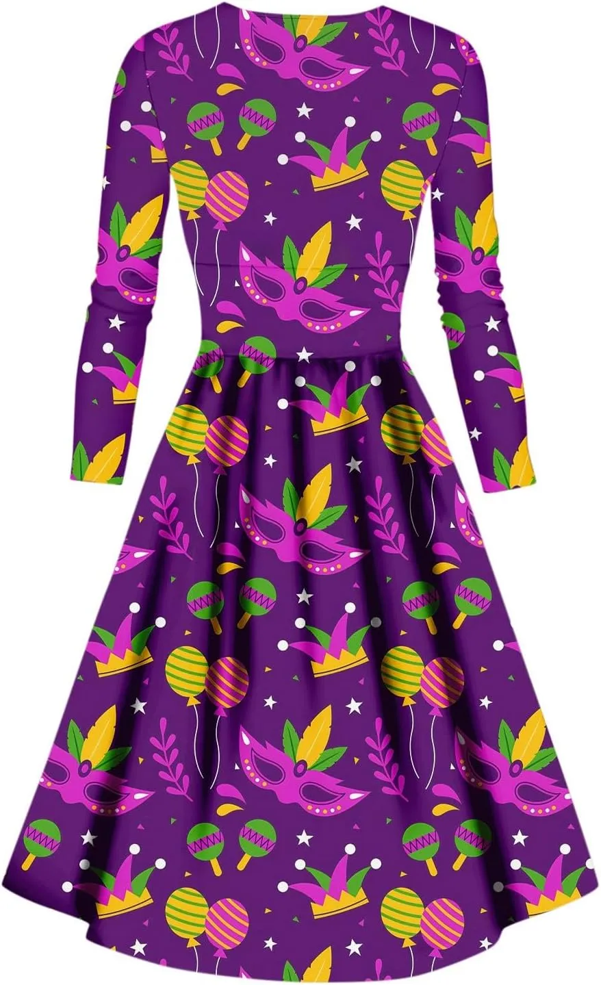 Mardi Gras Dress for Women V Neck Long Sleeve Carnival Printed Empire Waist Wrap Pleated Midi Dresses