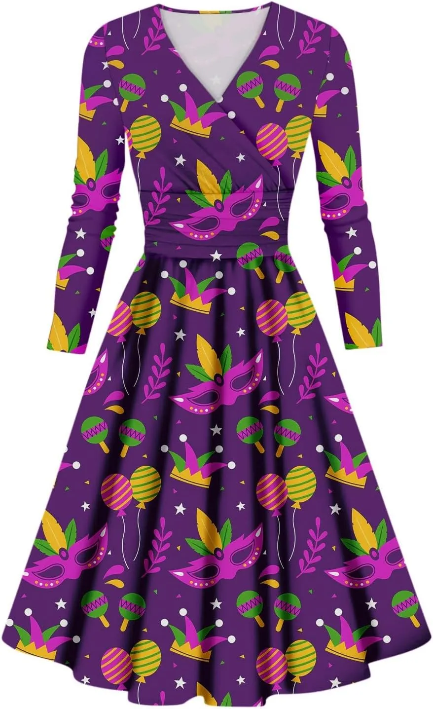 Mardi Gras Dress for Women V Neck Long Sleeve Carnival Printed Empire Waist Wrap Pleated Midi Dresses