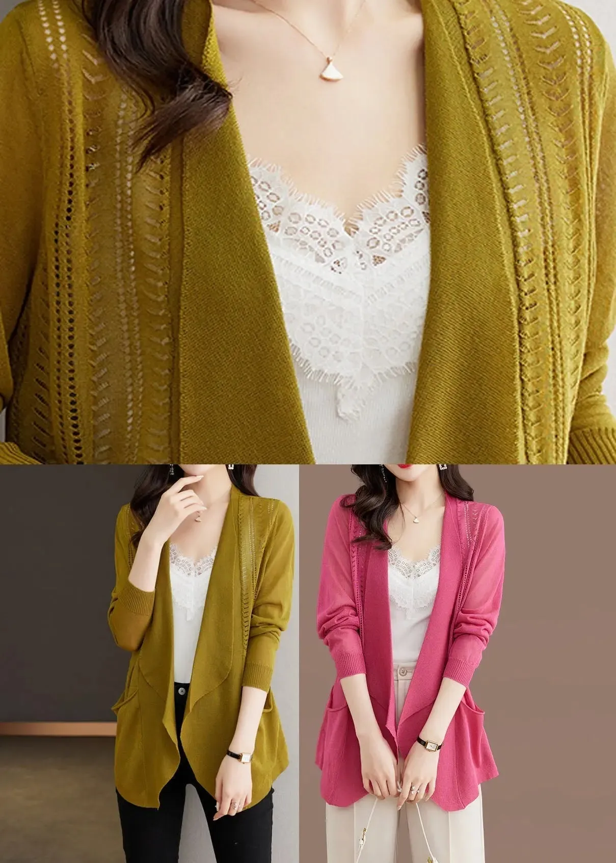 Matcha Colour Hollow Out Ice Size Knit Cardigans Long Sleeve LY8104