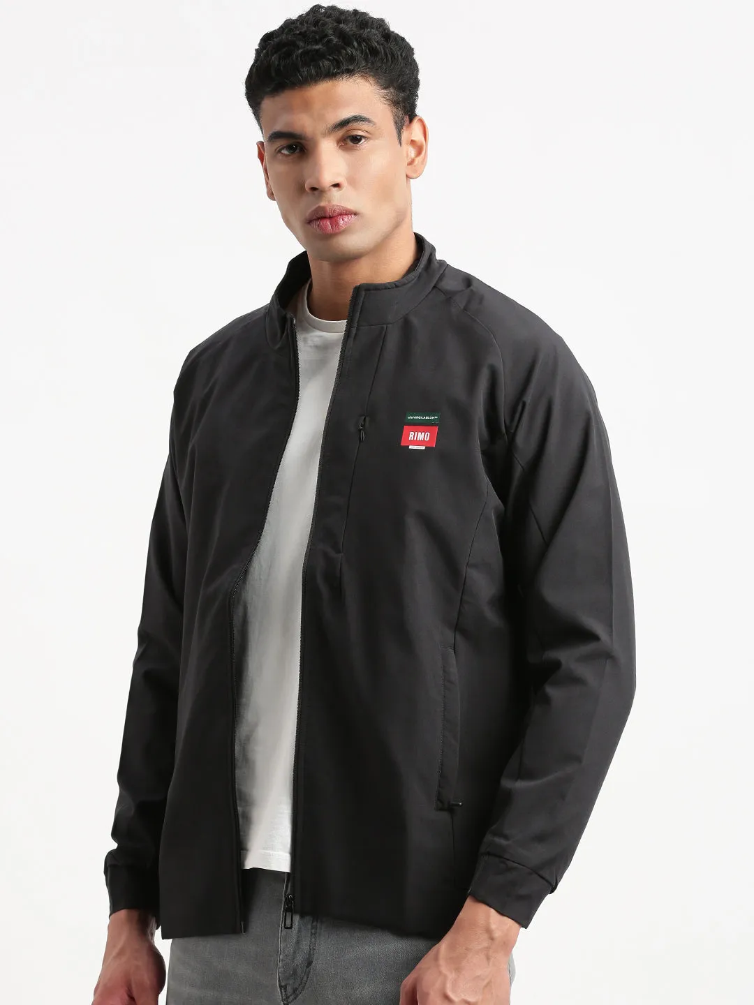 Men Mock Collar Black Solid Classic Bomber Jacket