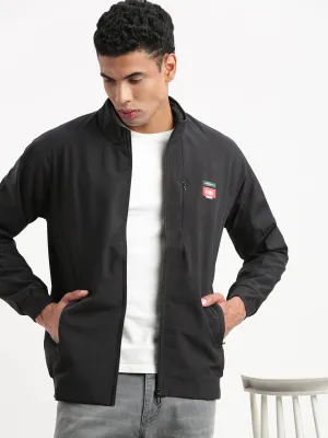 Men Mock Collar Black Solid Classic Bomber Jacket