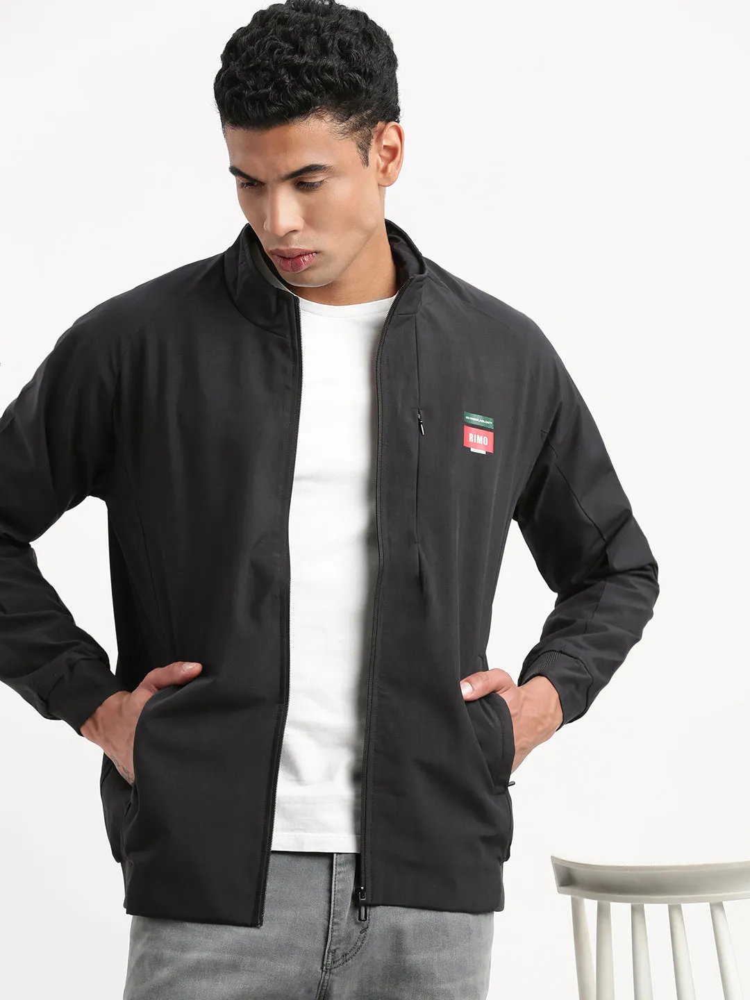 Men Mock Collar Black Solid Classic Bomber Jacket