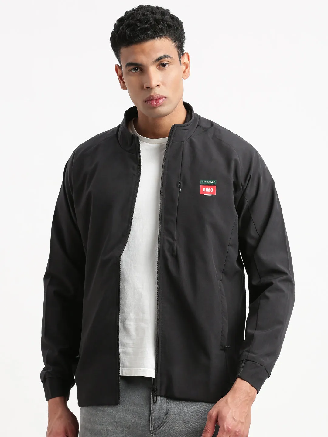 Men Mock Collar Black Solid Classic Bomber Jacket