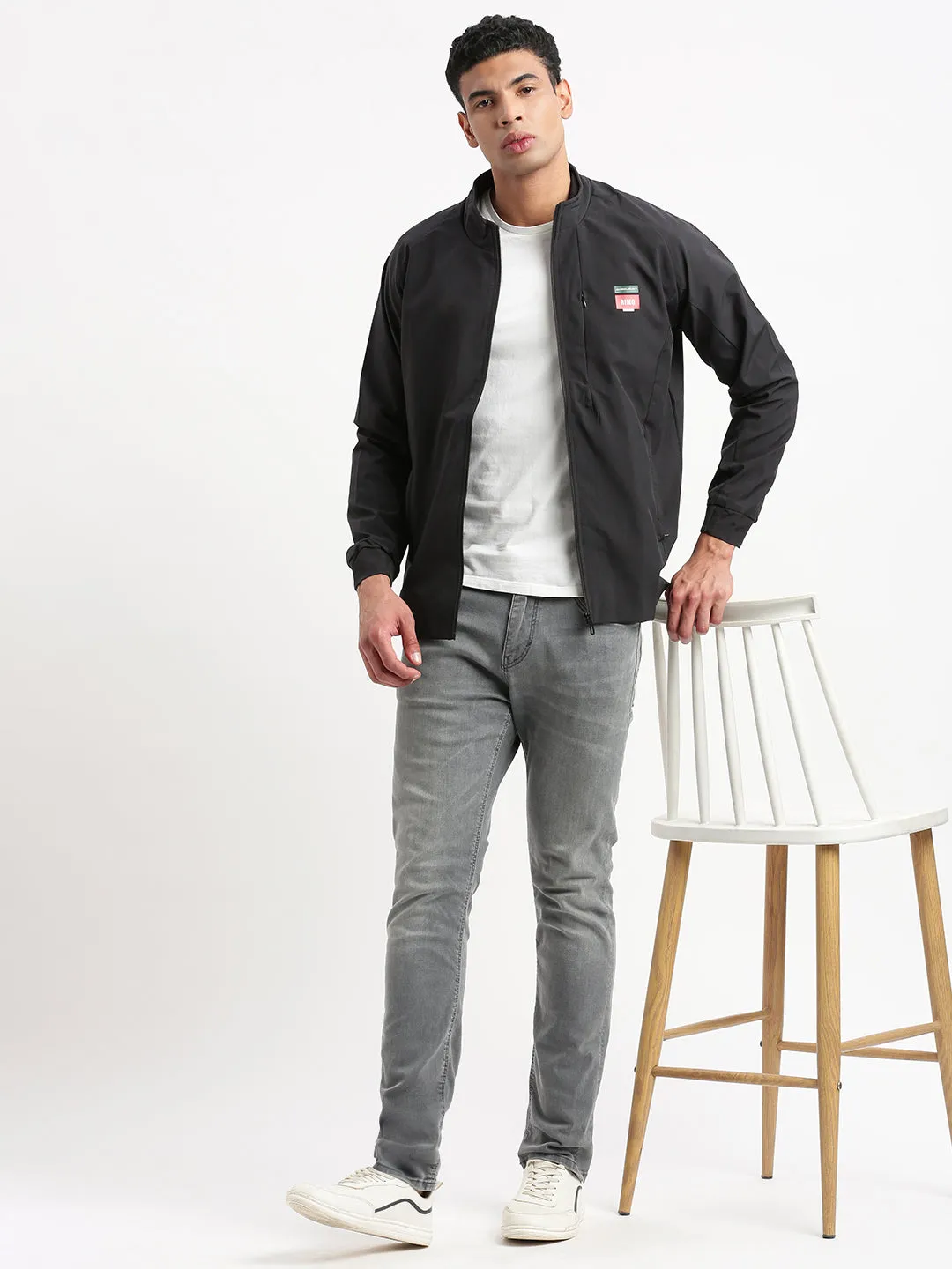 Men Mock Collar Black Solid Classic Bomber Jacket