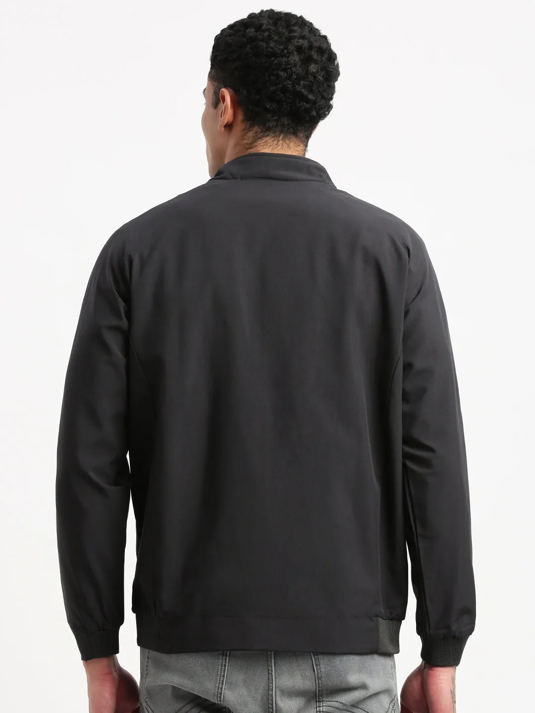 Men Mock Collar Black Solid Classic Bomber Jacket