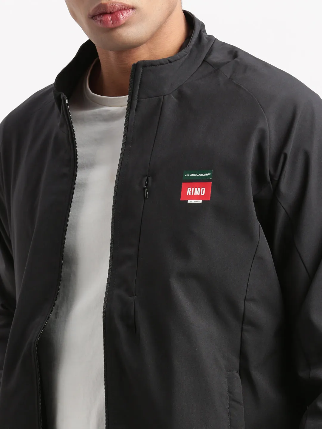 Men Mock Collar Black Solid Classic Bomber Jacket