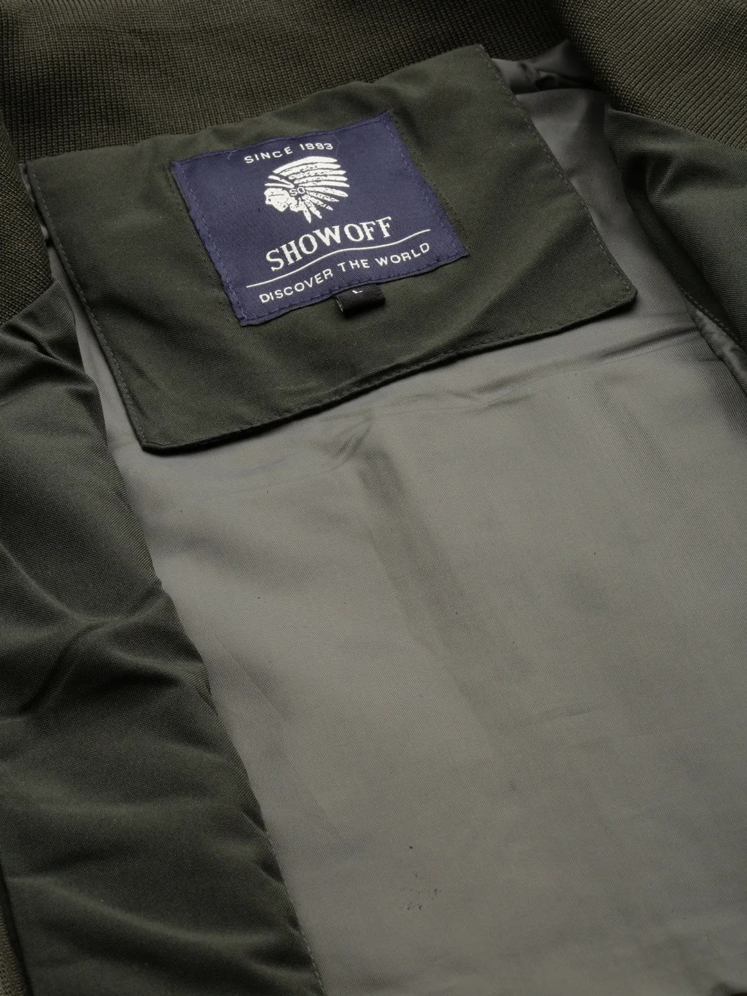 Men Olive Mock Collar Bomber Jacket