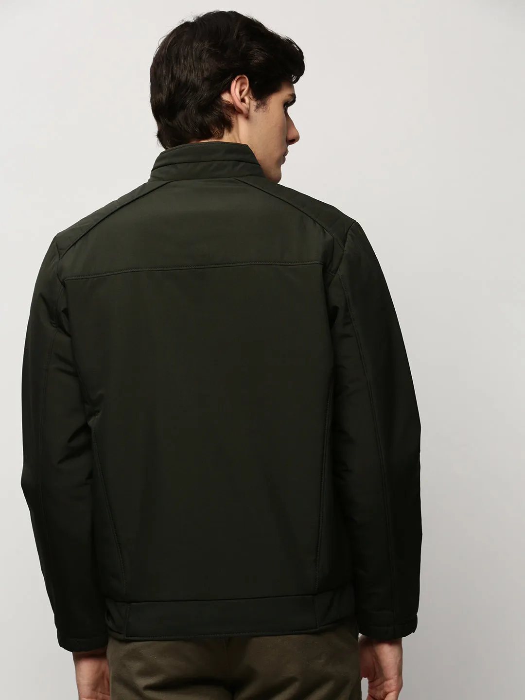 Men Olive Mock Collar Bomber Jacket