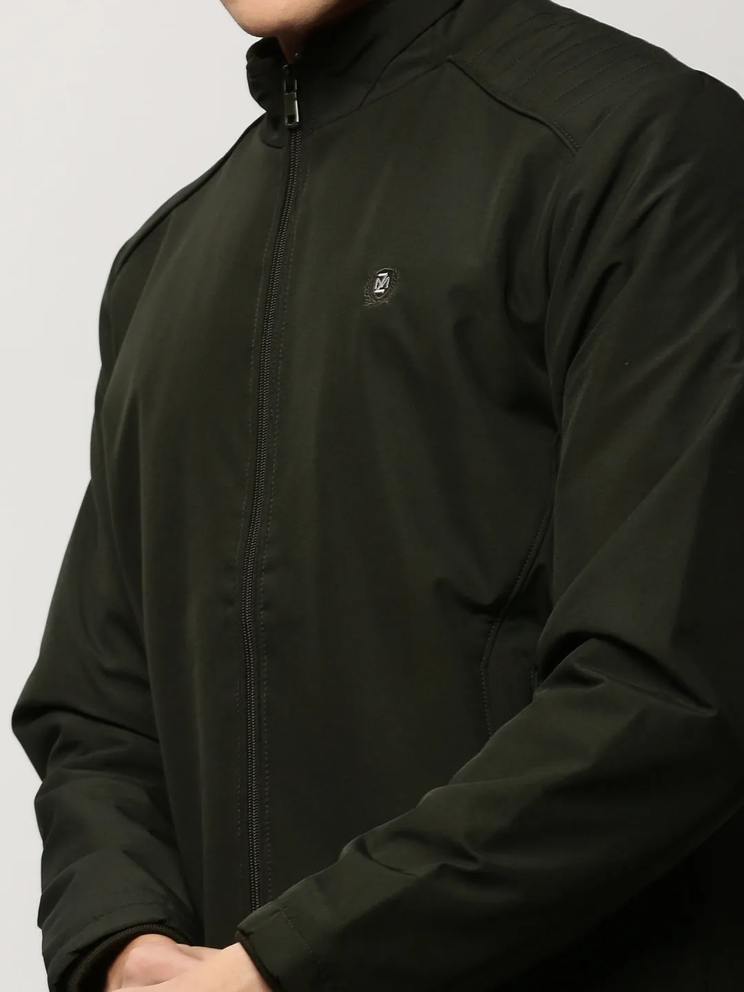 Men Olive Mock Collar Bomber Jacket