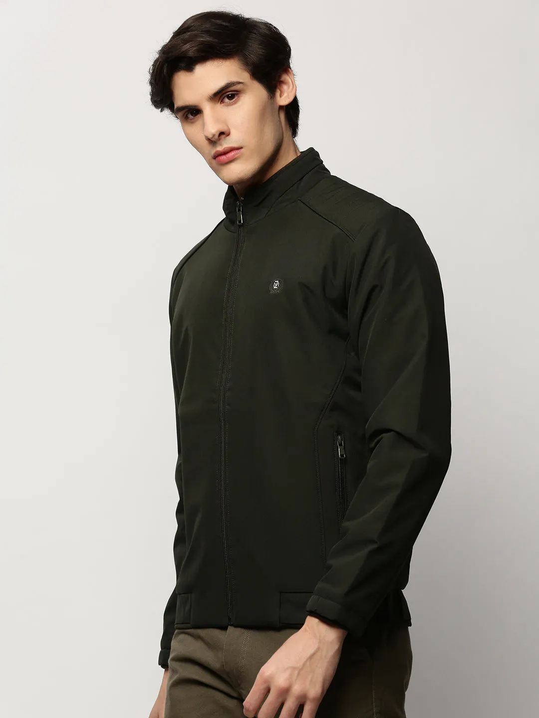 Men Olive Mock Collar Bomber Jacket