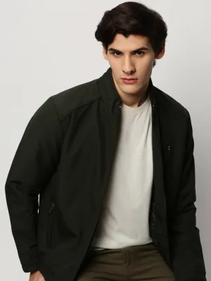 Men Olive Mock Collar Bomber Jacket