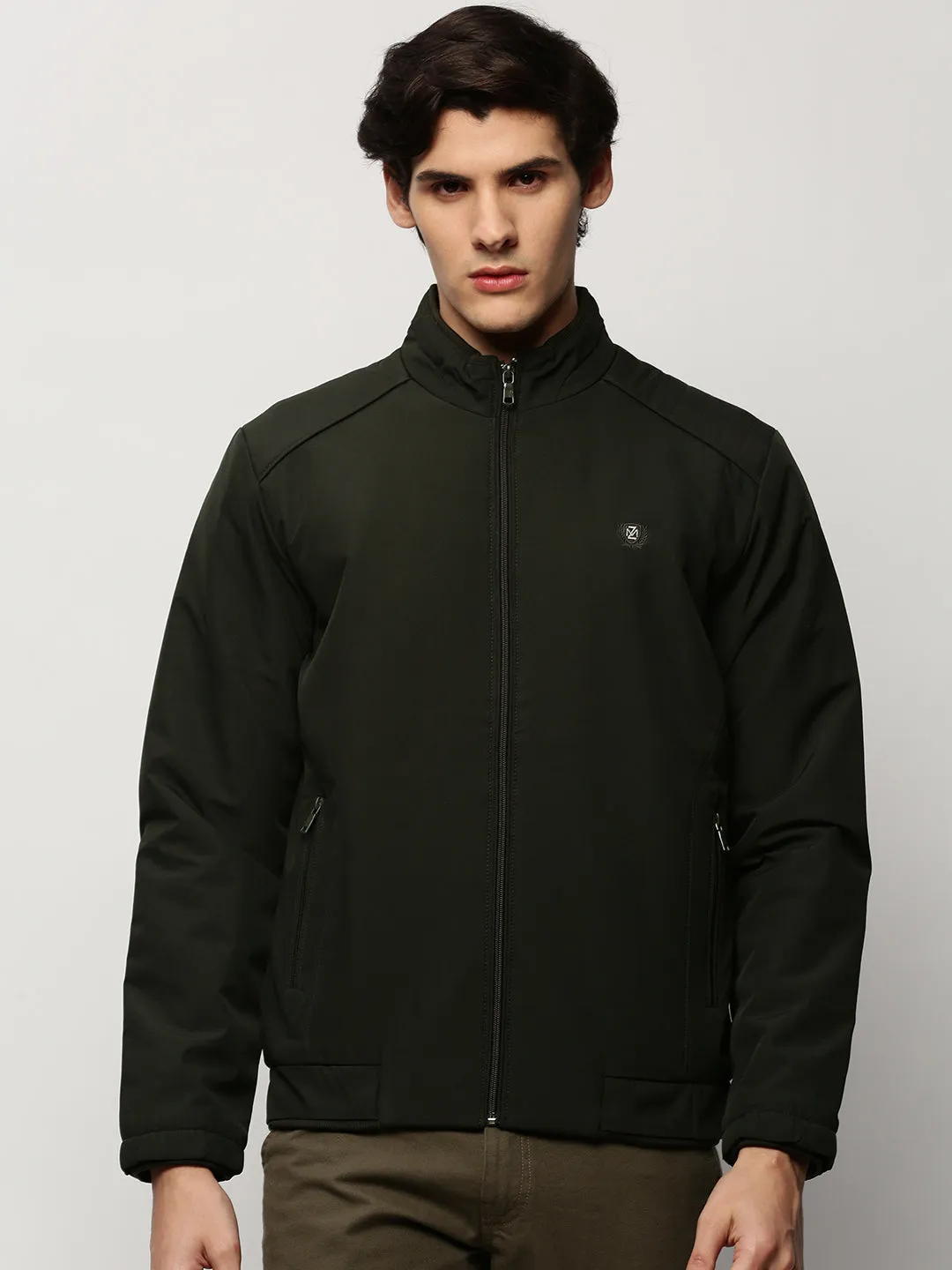 Men Olive Mock Collar Bomber Jacket