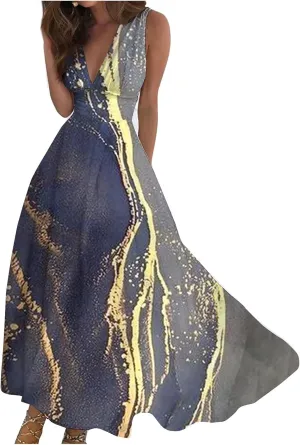 Palaver Summer Dresses for Women 2025 Elegant Wrap V Neck Sleeveless Maxi Dress Print Flowy Beach Vacation Boho Sundresses