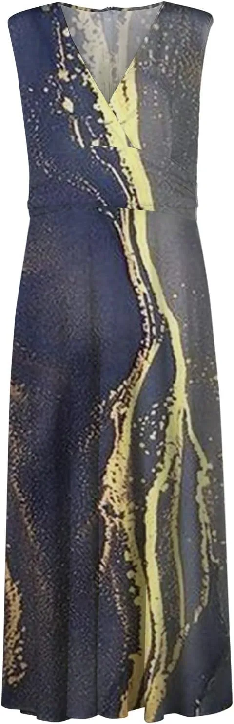 Palaver Summer Dresses for Women 2025 Elegant Wrap V Neck Sleeveless Maxi Dress Print Flowy Beach Vacation Boho Sundresses