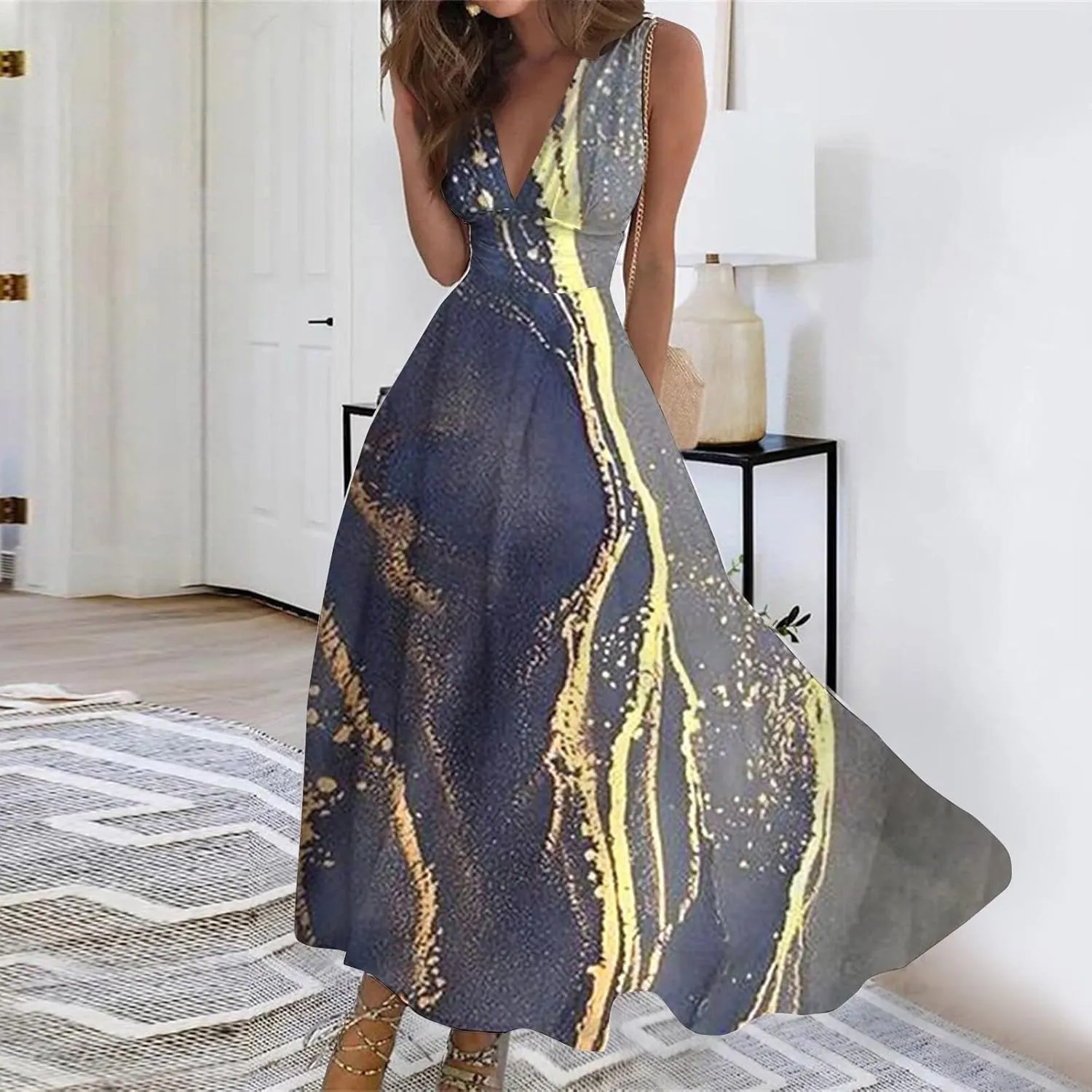 Palaver Summer Dresses for Women 2025 Elegant Wrap V Neck Sleeveless Maxi Dress Print Flowy Beach Vacation Boho Sundresses