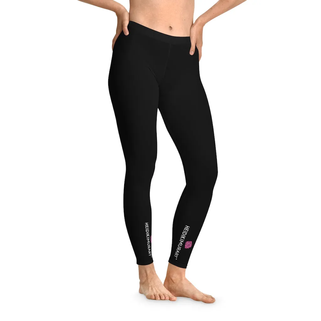 Pink Rose Women's Stretchy Leggings, Pink Floral and Black Designer Comfy Women's Stretchy Leggings- Made in USA