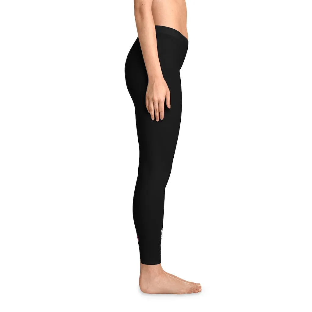 Pink Rose Women's Stretchy Leggings, Pink Floral and Black Designer Comfy Women's Stretchy Leggings- Made in USA
