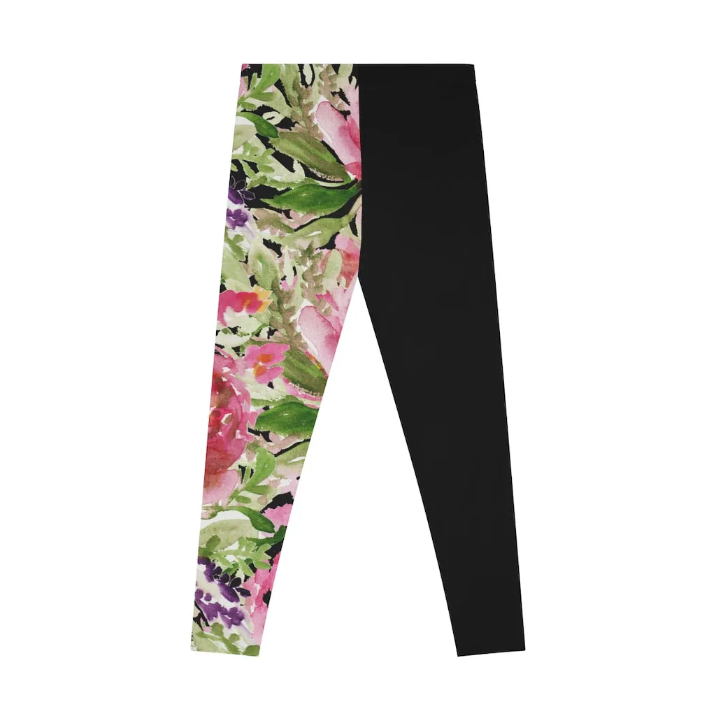 Pink Rose Women's Stretchy Leggings, Pink Floral and Black Designer Comfy Women's Stretchy Leggings- Made in USA