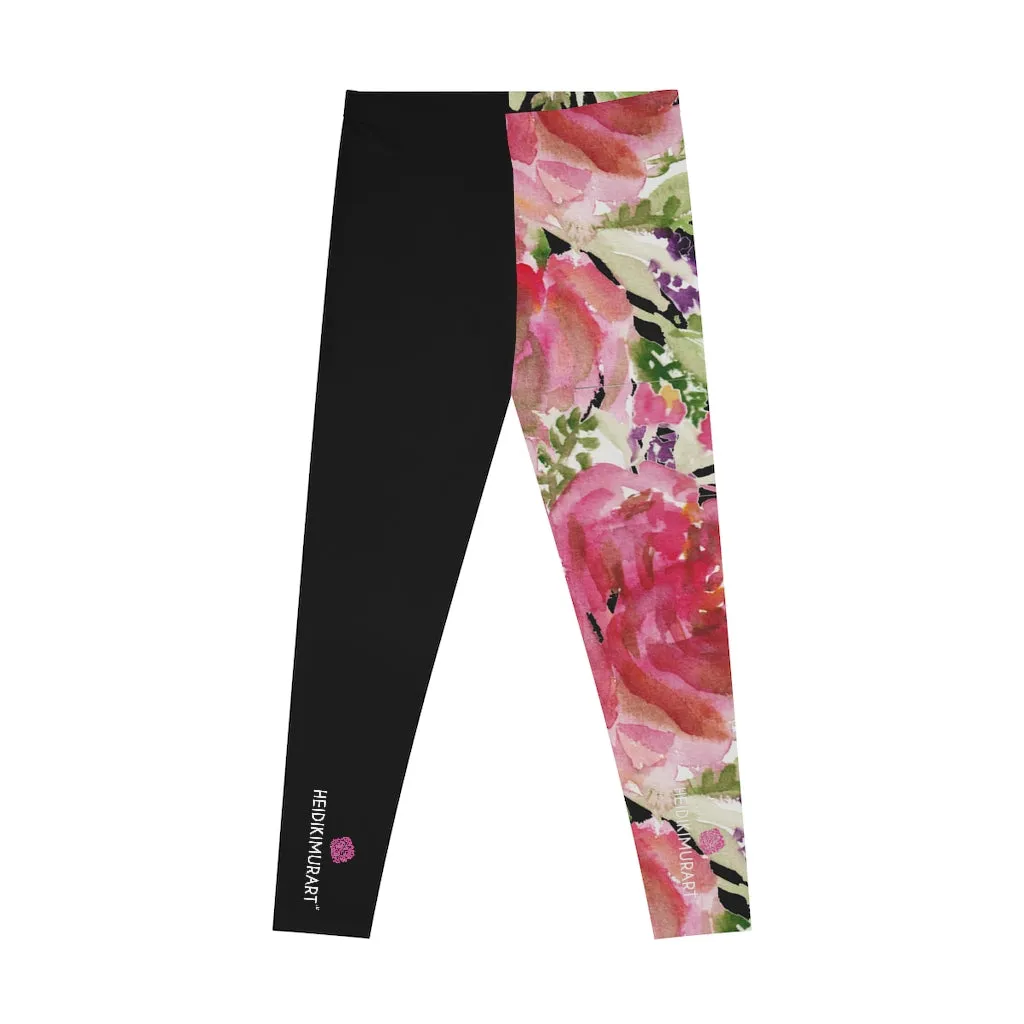 Pink Rose Women's Stretchy Leggings, Pink Floral and Black Designer Comfy Women's Stretchy Leggings- Made in USA