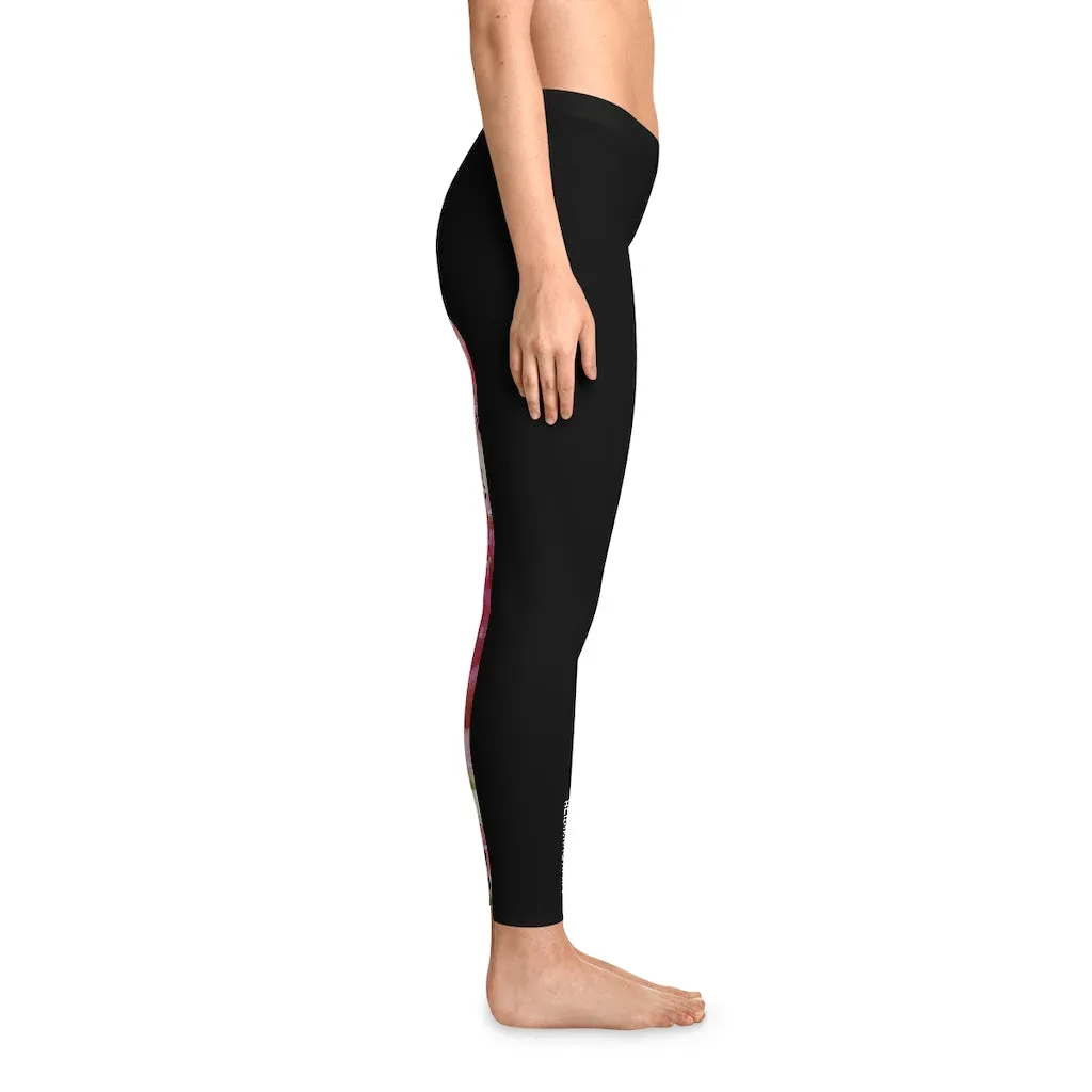 Pink Rose Women's Stretchy Leggings, Pink Floral and Black Designer Comfy Women's Stretchy Leggings- Made in USA