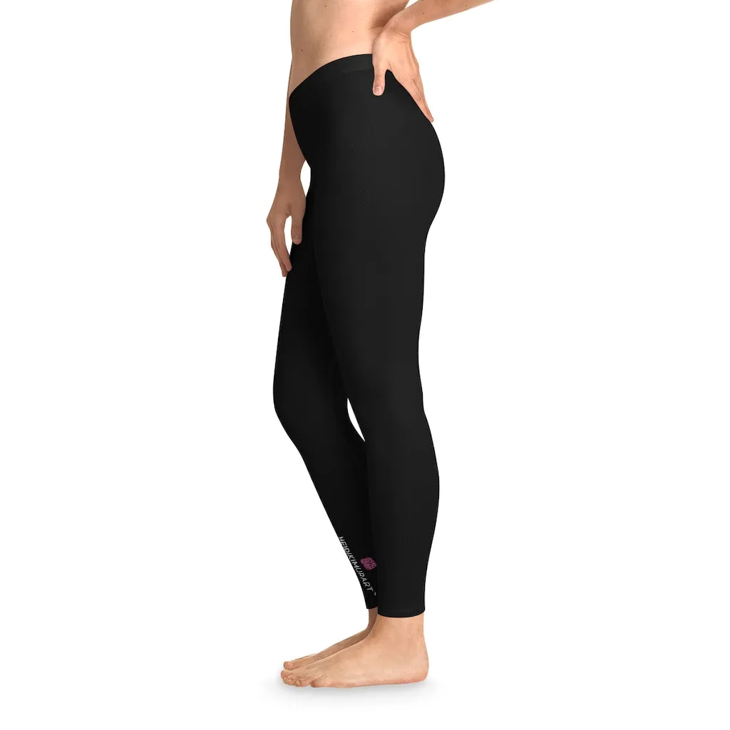 Pink Rose Women's Stretchy Leggings, Pink Floral and Black Designer Comfy Women's Stretchy Leggings- Made in USA