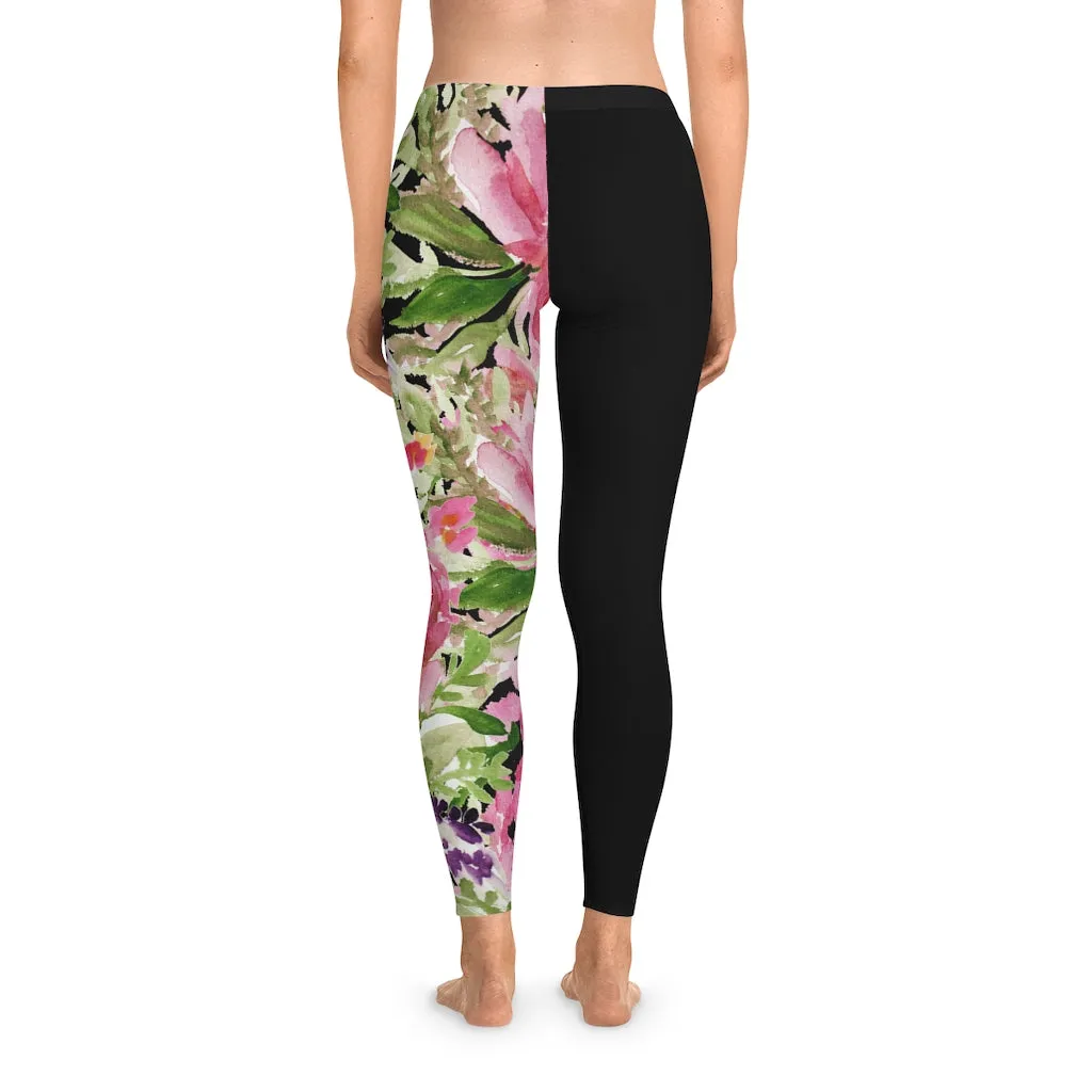 Pink Rose Women's Stretchy Leggings, Pink Floral and Black Designer Comfy Women's Stretchy Leggings- Made in USA
