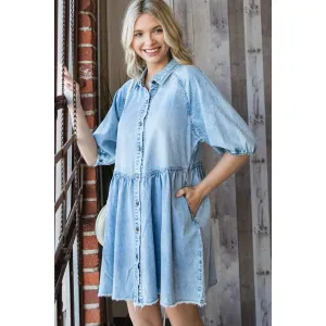 Puff Sleeve Denim Button Down Dress