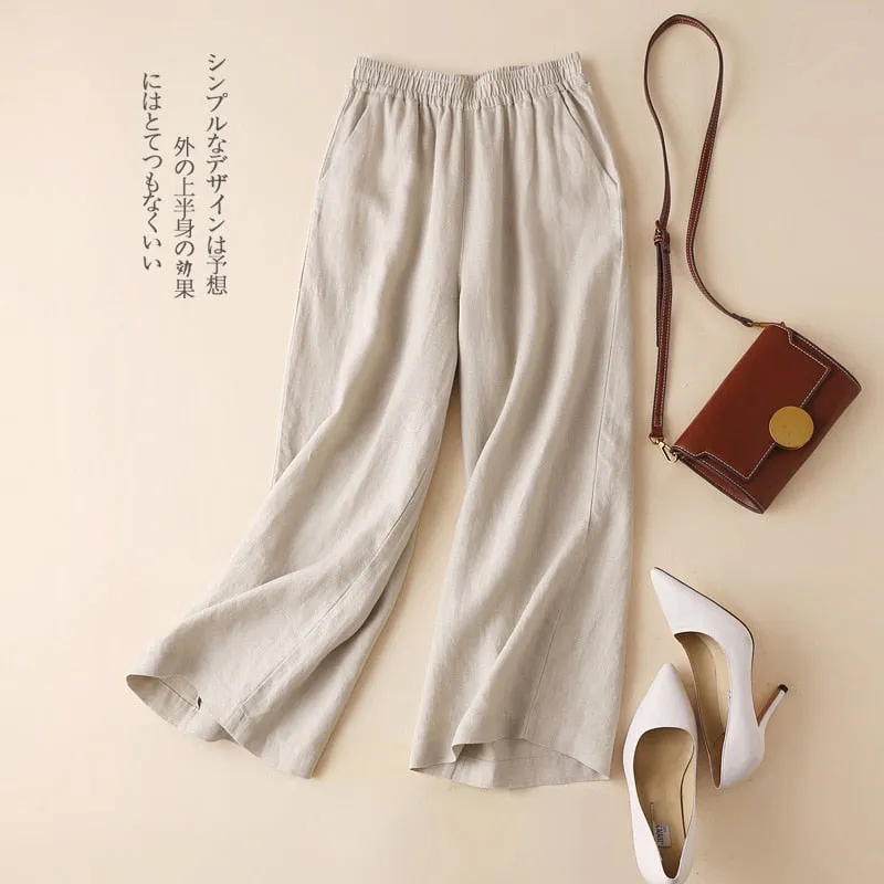 Spring Summer Casual Wide Leg Pants Women Solid Color Elastic Waist Pants