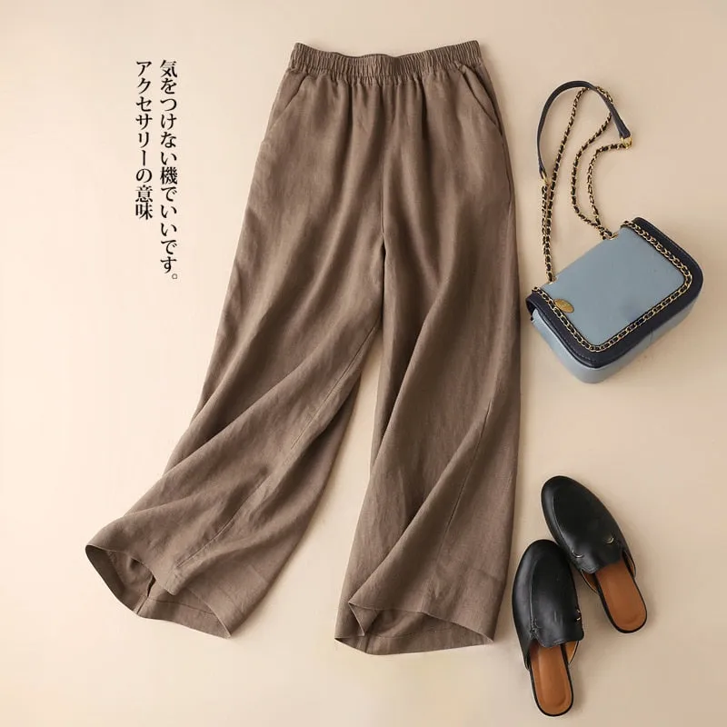 Spring Summer Casual Wide Leg Pants Women Solid Color Elastic Waist Pants
