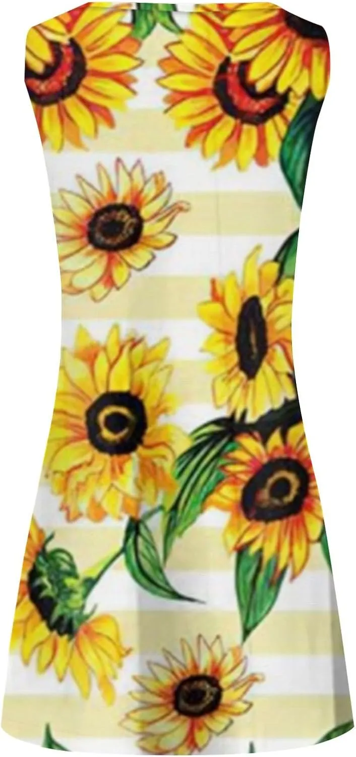 Sun Dresses for Women 2025 Summer Dress Loose V Neck Sleeveless Sundresses Swimsuit Coverup with Pockets Floral Tank Dresses