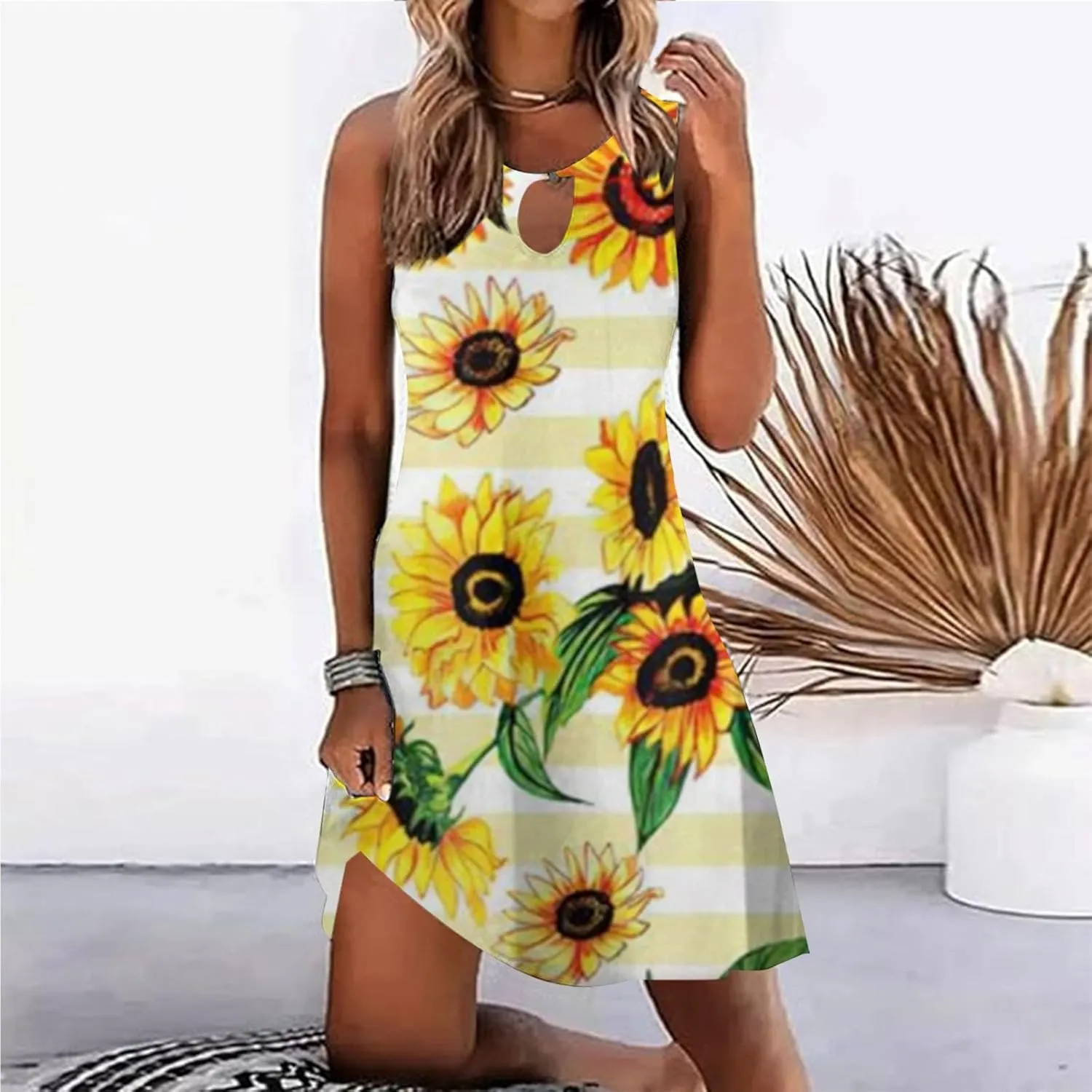 Sun Dresses for Women 2025 Summer Dress Loose V Neck Sleeveless Sundresses Swimsuit Coverup with Pockets Floral Tank Dresses