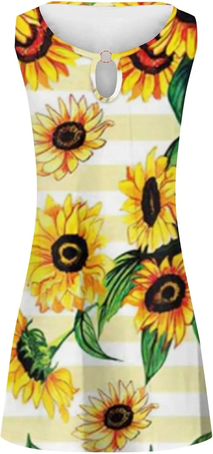 Sun Dresses for Women 2025 Summer Dress Loose V Neck Sleeveless Sundresses Swimsuit Coverup with Pockets Floral Tank Dresses