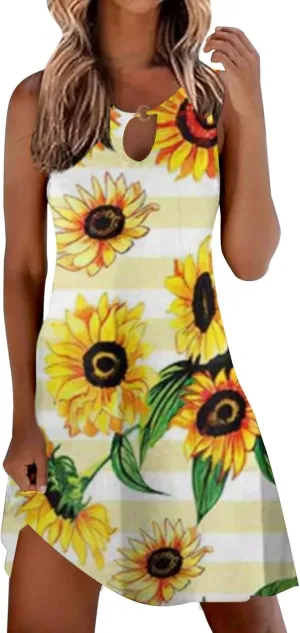 Sun Dresses for Women 2025 Summer Dress Loose V Neck Sleeveless Sundresses Swimsuit Coverup with Pockets Floral Tank Dresses