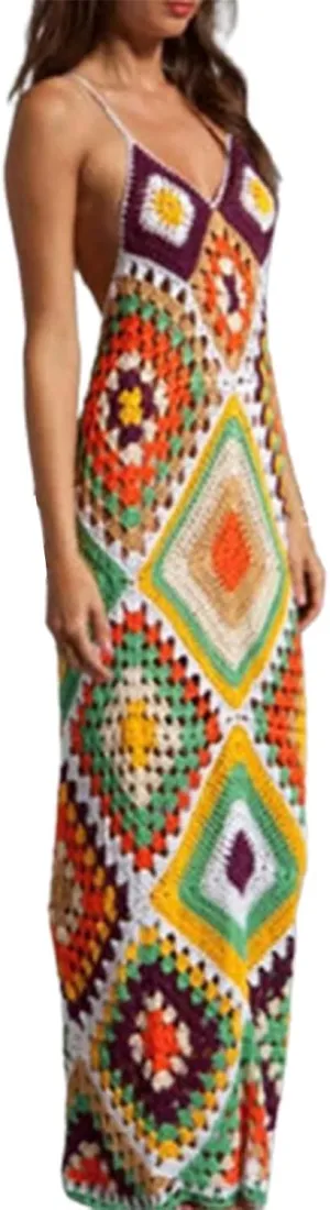 Women Bohemian Long Dress Sleeveless Cami Dress Casual Beach Wedding Dress Color Stitching Maxi Dress Plus Size Tall