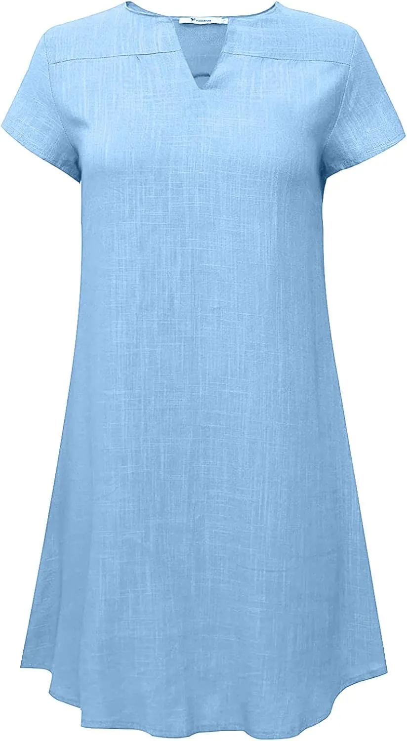 Women Linen Shirt Dresses Summer Bohemian Style Beach Sundress Fashion Solid Color Short Sleeves V-Neck Midi Dress