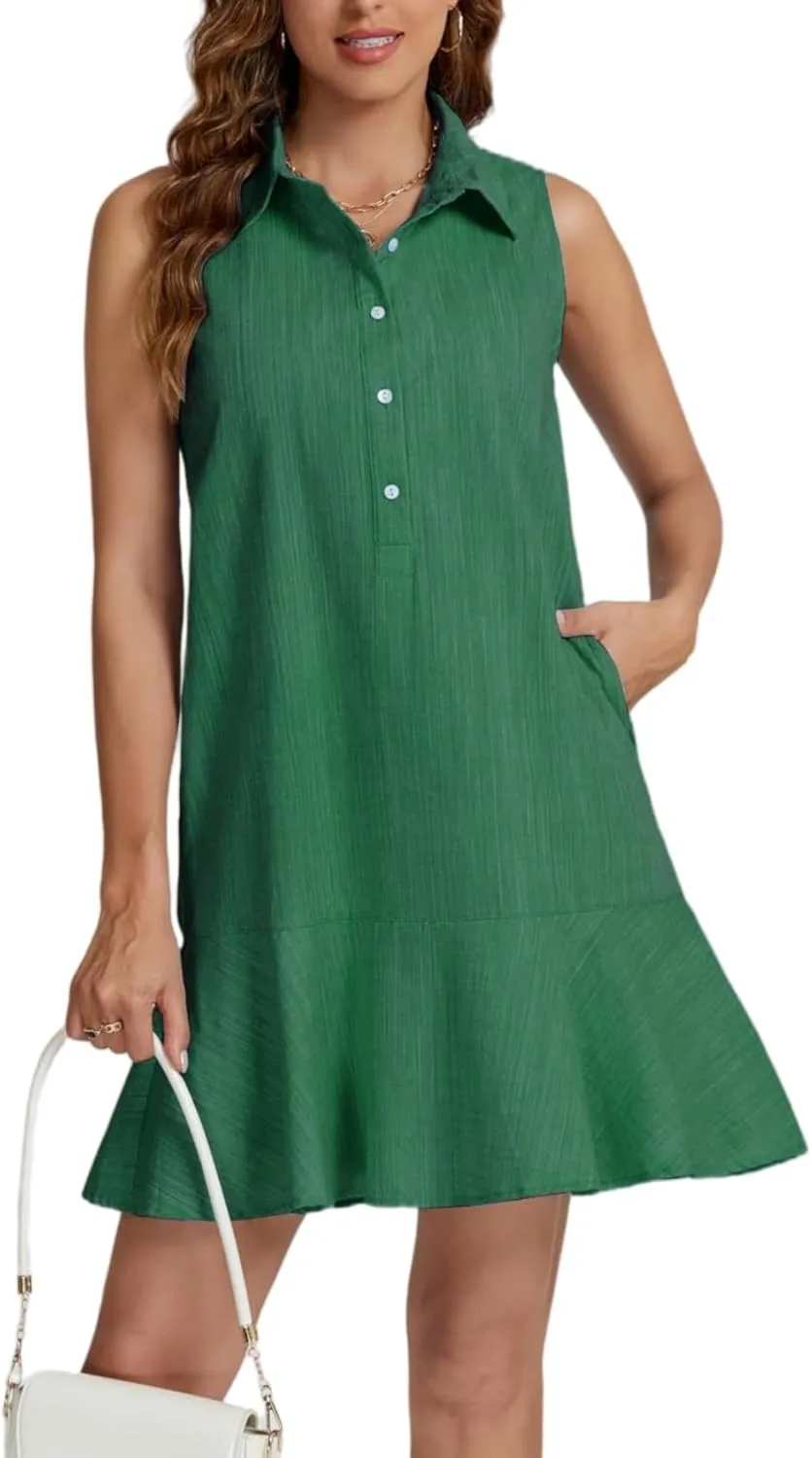 Women Sleeveless Mini Dress Button Down Shirt Dress V Neck Reffle Hem Cotton Linen Tunic Short Dress