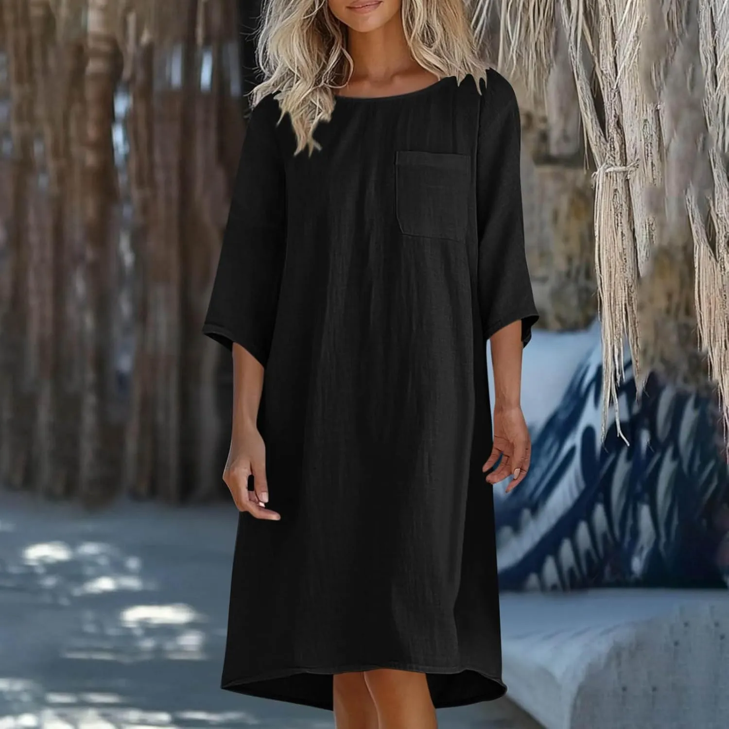 Women's Casual 3/4 Sleeve Summer Dress Loose Fit Round Neck Beach Vacation Shift Flowy Midi Dresses with Pocket