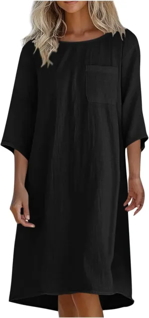 Women's Casual 3/4 Sleeve Summer Dress Loose Fit Round Neck Beach Vacation Shift Flowy Midi Dresses with Pocket