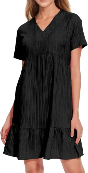 Womens Casual Dresses Summer Short Sleeve V Neck Mini Dress Flowy Loose Shift Tiered Dresses Beach Vacation Sundress