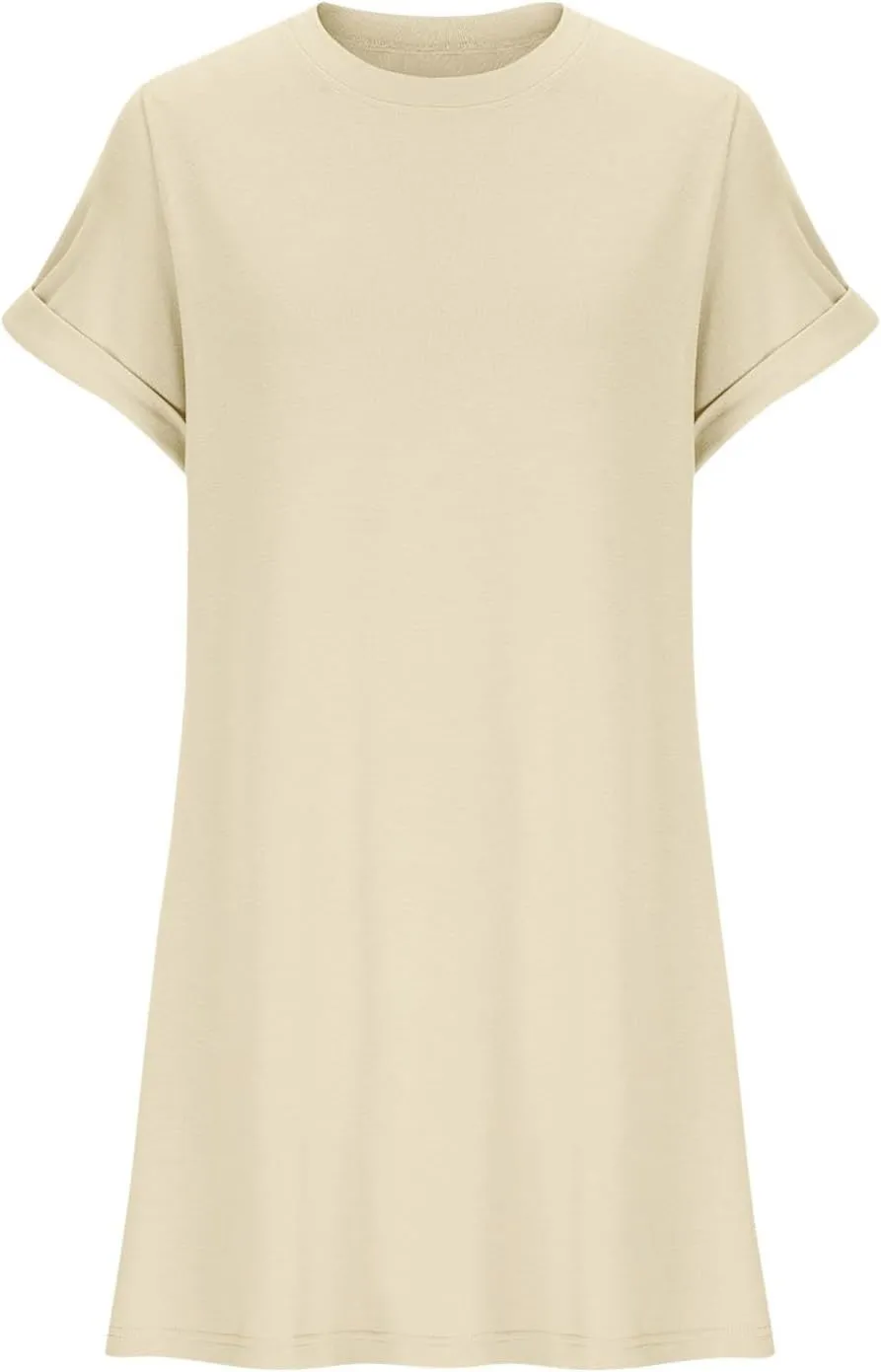Womens Casual Summer Mini Tunic Dresses Short Sleeve Shift Dress Loose Crewneck Tshirt Sundress with Pockets